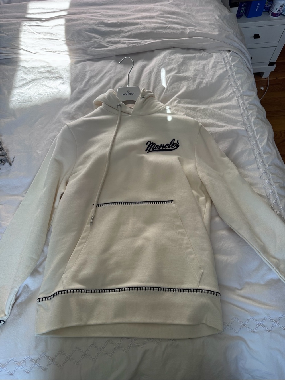 Moncler Cream Hoodie with Navy Stitch Detail